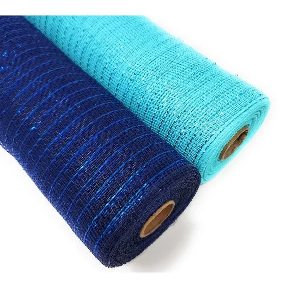 21" Decorative Metallic Deco Mesh Ribbon Rolls Garland Wrap (Aqua Blue, Navy) - Picture 2 of 3